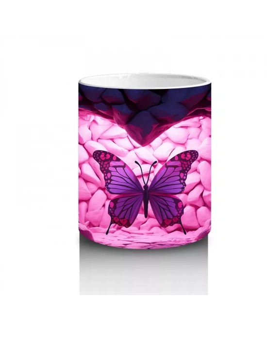 Taş Kalp Yüzey Üzerinde Işıltılı Pembe Kelebek - Baskılı kahve kupası