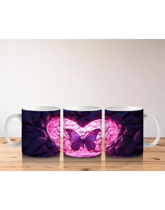 Taş Kalp Yüzey Üzerinde Işıltılı Pembe Kelebek - Baskılı kahve kupası