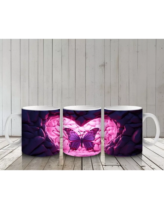 Taş Kalp Yüzey Üzerinde Işıltılı Pembe Kelebek - Baskılı kahve kupası