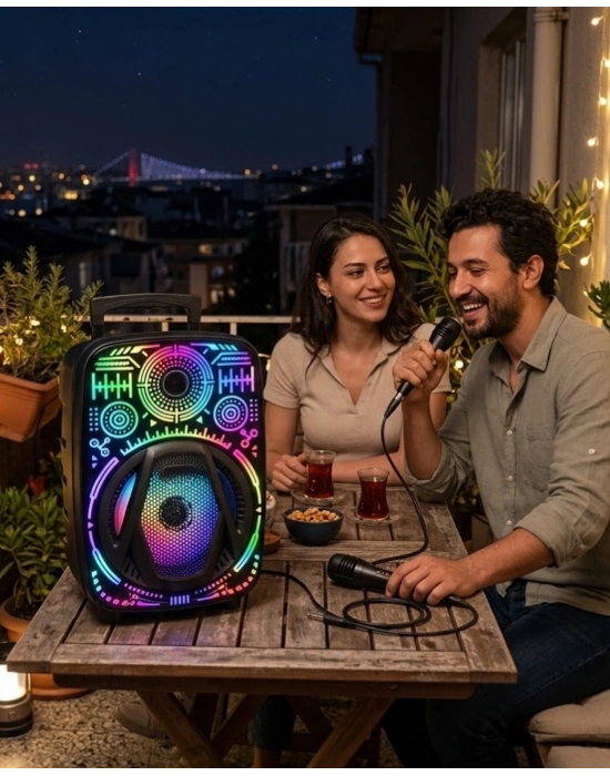 Taşınabilir Bluetooth Speaker Mikrofonlu RGB Işıklı Karaoke Ses Sistemi
