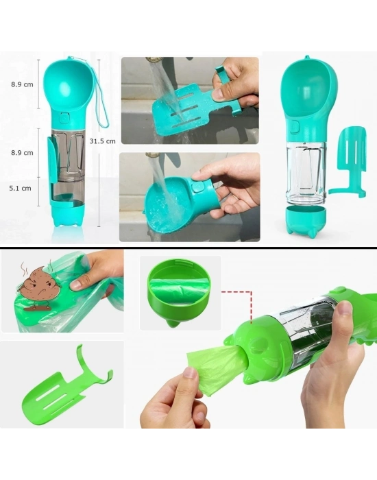 ®  Taşınabilir Hazneli Mama Kaplı ,Kaka Poşetli Kedi,Köpek Suluğu-300ml