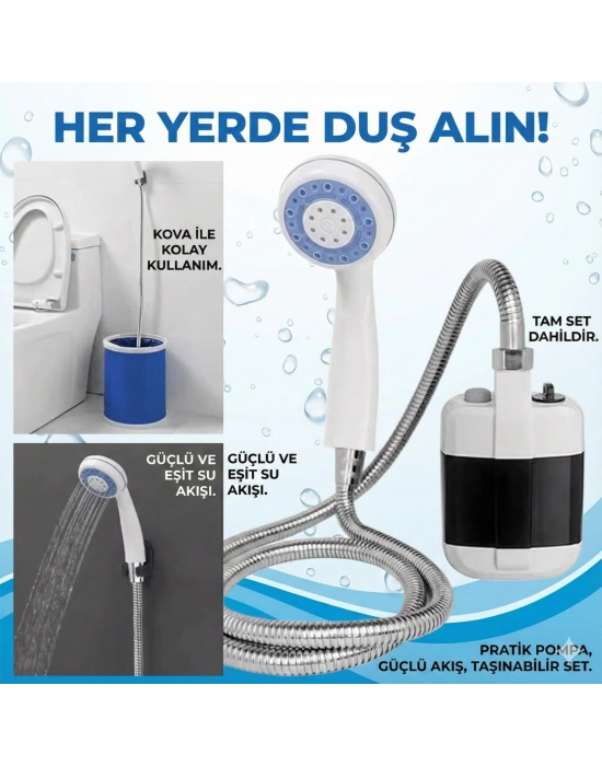 Taşınabilir Şarjlı Seyyar Duş Seti ( Pompa - Hortum - Duş Başlığı )