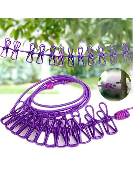 ®  Taşınabilir Seyahat Çamaşır İpi 12 Mandallı Klipsli Lastikli Çamaşır Mandalları