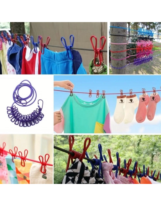 ®  Taşınabilir Seyahat Çamaşır İpi 12 Mandallı Klipsli Lastikli Çamaşır Mandalları