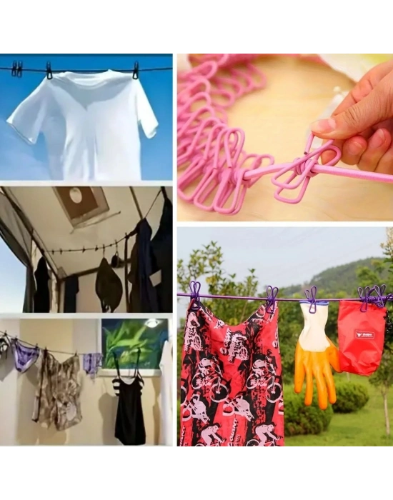 ®  Taşınabilir Seyahat Çamaşır İpi 12 Mandallı Klipsli Lastikli Çamaşır Mandalları
