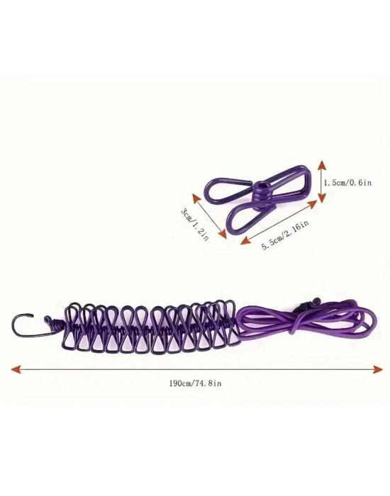 ®  Taşınabilir Seyahat Çamaşır İpi 12 Mandallı Klipsli Lastikli Çamaşır Mandalları