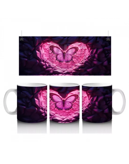 Taşlar Arasında Pembe Kalp ve Kelebek – Baskılı Kahve Kupası