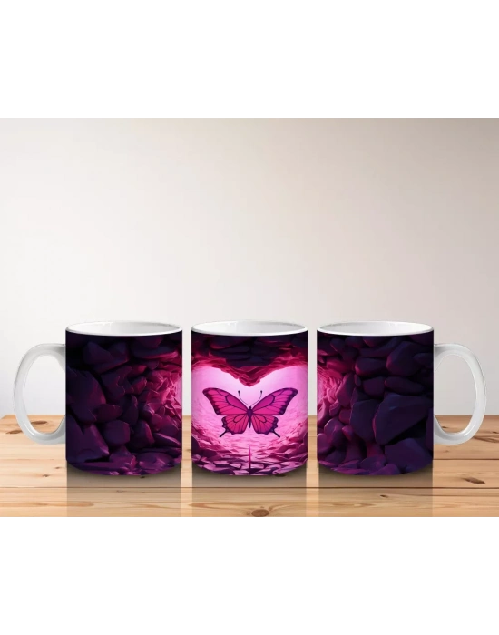 Taşlarla Çevrili Kalpli Kelebek – Baskılı Kahve Kupası