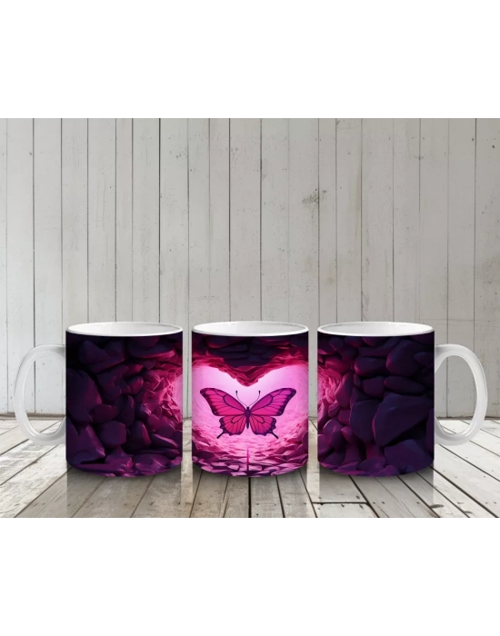 Taşlarla Çevrili Kalpli Kelebek – Baskılı Kahve Kupası