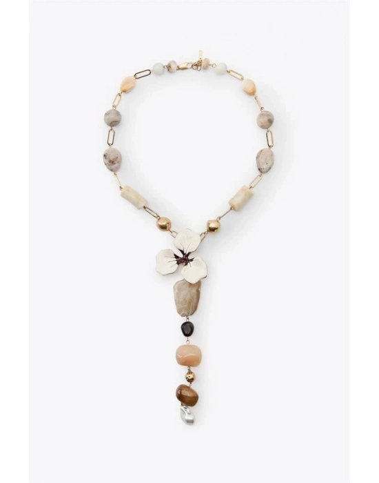 Taşlı Çiçek Kolye - Altın