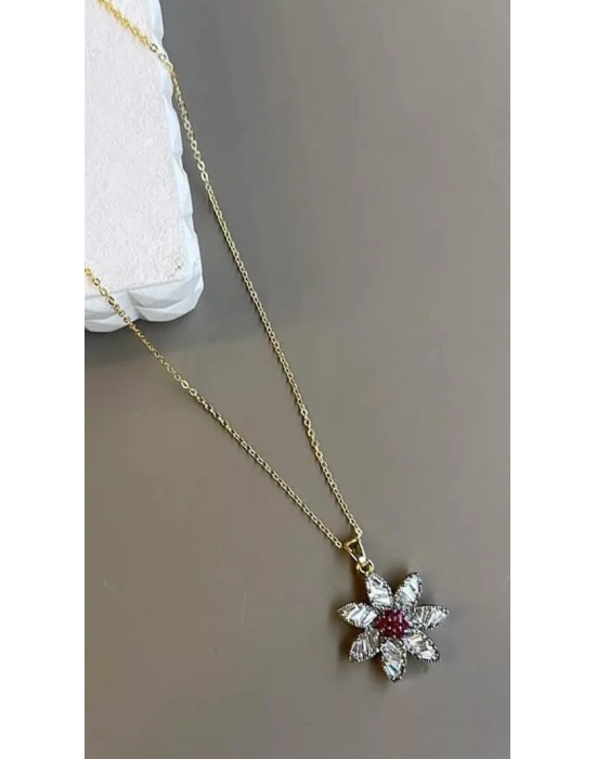 Taşlı Çiçek Kolye - Altın