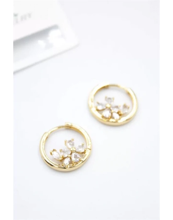 Taşlı Çiçek Küpe - Altın