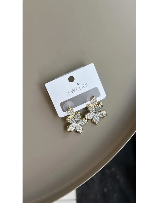 Taşlı Çiçek Küpe - Altın