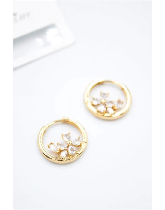 Taşlı Çiçek Küpe - Altın