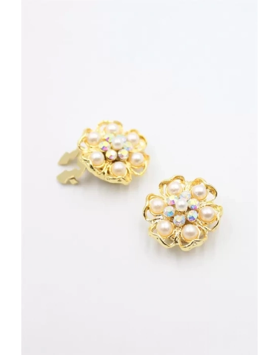 Taşlı Düğme Broşu - Altın