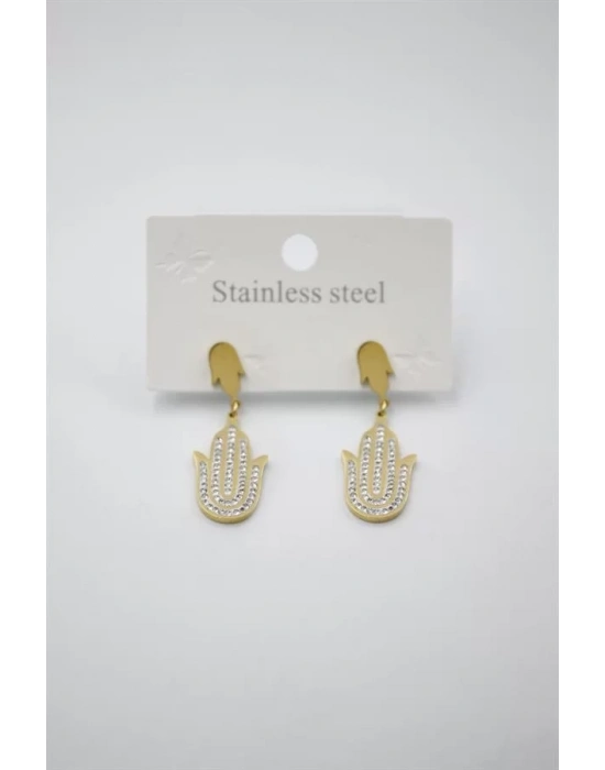 Taşlı Fatıma Eli Küpe - Altın