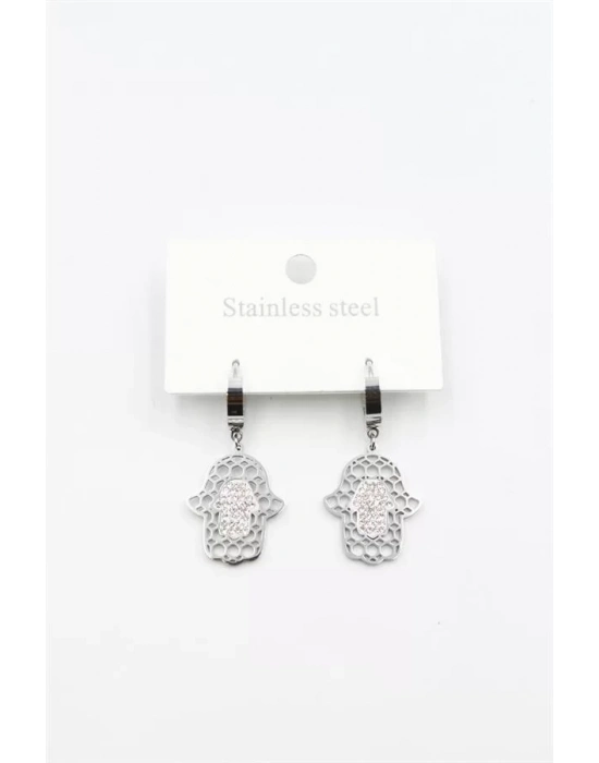 Taşlı Fatıma Eli Küpe - Gümüş