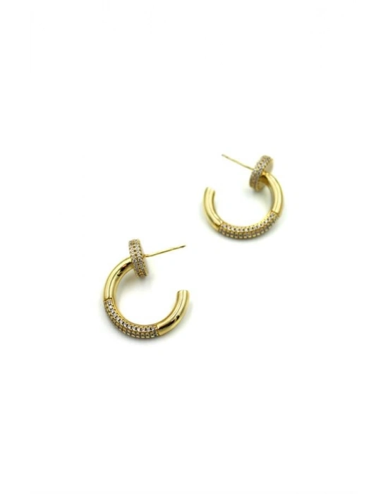 Taşlı Halka Küpe - 14K Altın