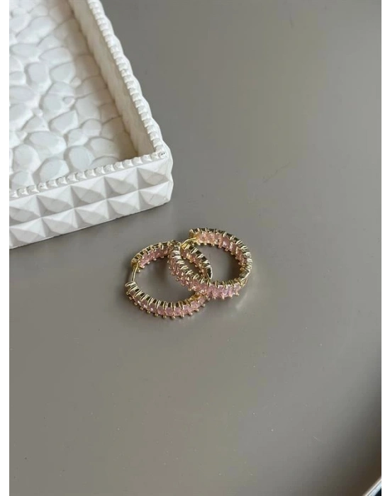 Taşlı Halka Küpe - Pembe