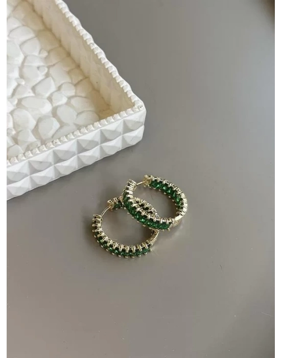 Taşlı Halka Küpe - Yeşil