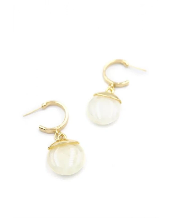 Taşlı Halkalı Küpe - Krem