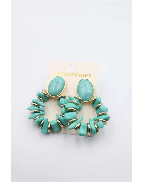 Taşlı Halkalı Küpe - Turkuaz