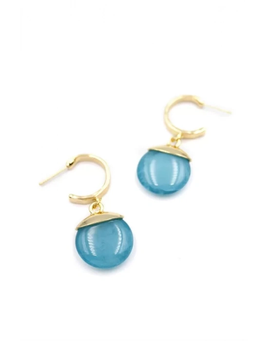 Taşlı Halkalı Küpe - Turkuaz