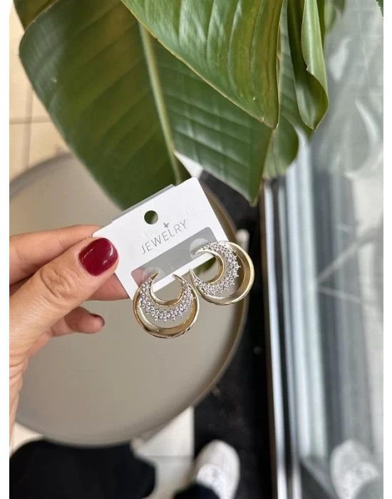 Taşlı Hilal Küpe - Altın