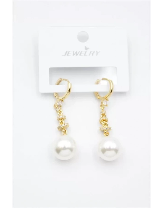 Taşlı İnci Küpe - Altın