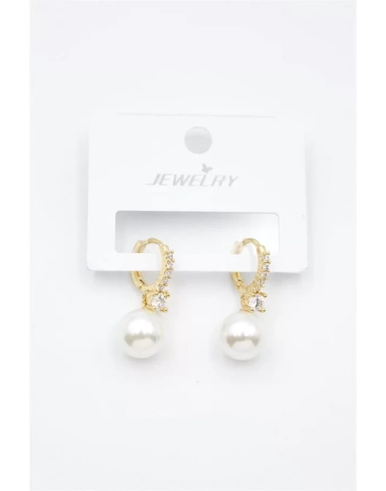 Taşlı İnci Küpe - Altın