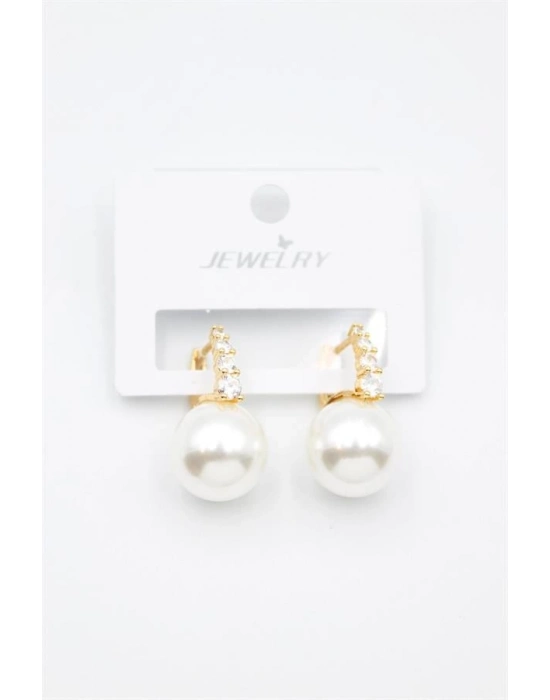 Taşlı İnci Küpe - Altın