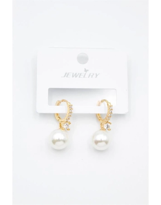 Taşlı İnci Küpe - Altın