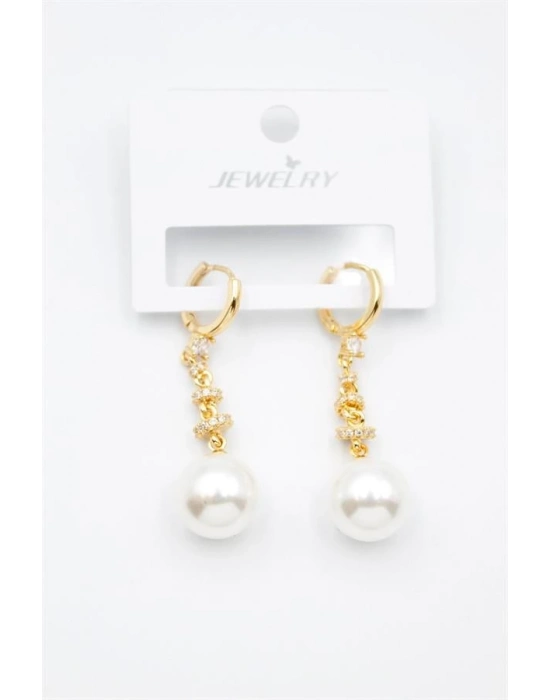 Taşlı İnci Küpe - Altın