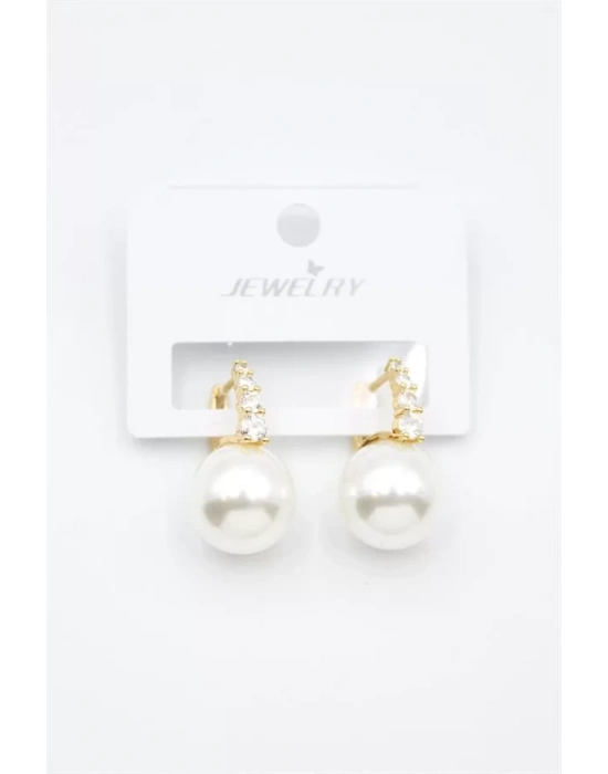 Taşlı İnci Küpe - Altın