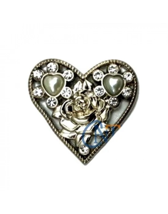 Taşlı Kalp Broş, Kutu, Sandık Süsü - Nikel, 1 Adet
