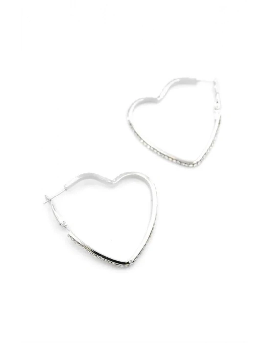 Taşlı Kalp Halka Küpe - Gümüş