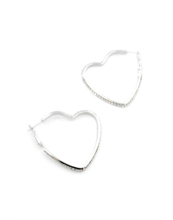 Taşlı Kalp Halka Küpe - Gümüş