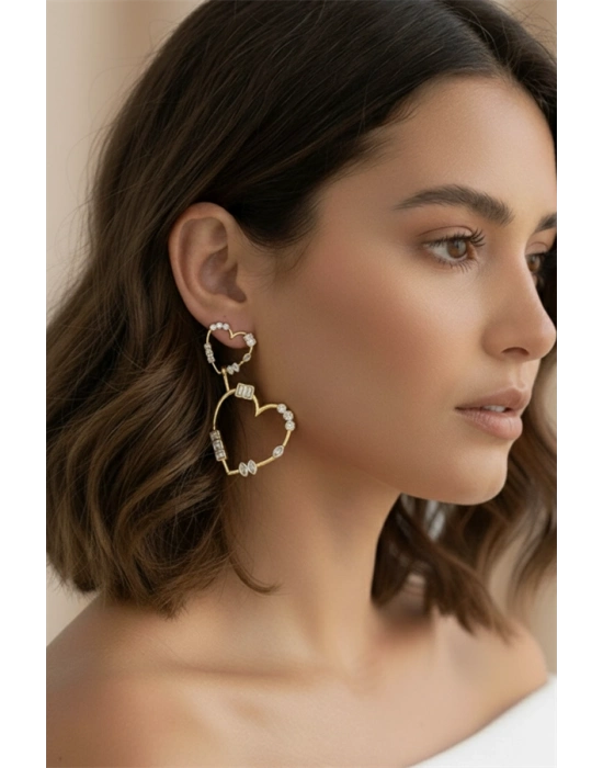 Taşlı Kalp Küpe - Altın