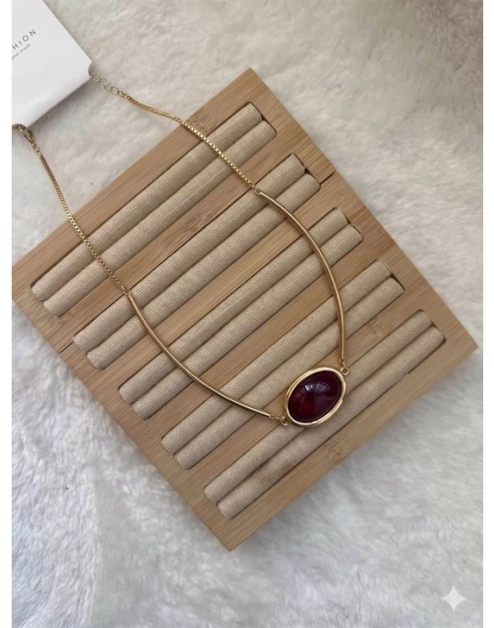Taşlı Kolye - Bordo