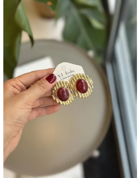 Taşlı Küpe - Bordo