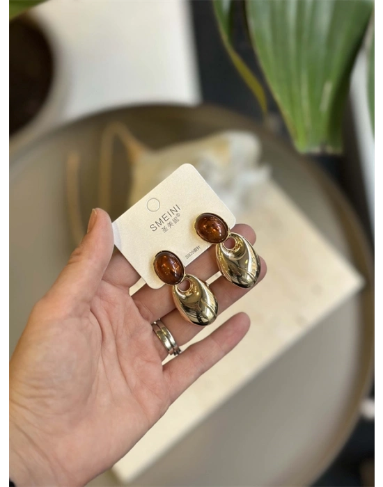 Taşlı Küpe - Kahverengi