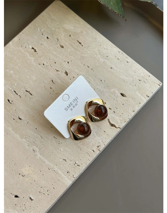 Taşlı Küpe - Kahverengi