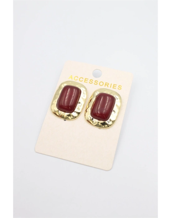 Taşlı Metal Küpe - Bordo