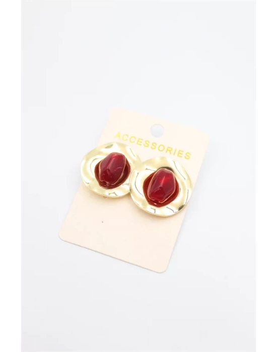 Taşlı Metal Küpe - Bordo