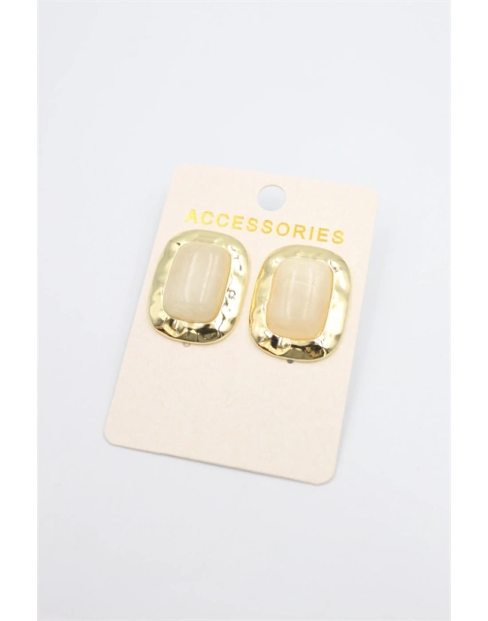 Taşlı Metal Küpe - Krem