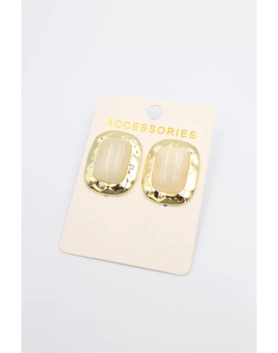 Taşlı Metal Küpe - Krem