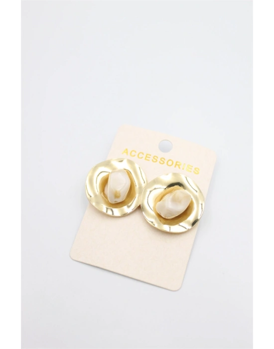 Taşlı Metal Küpe - Krem