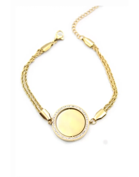 Taşlı Plaka Bileklik - Altın