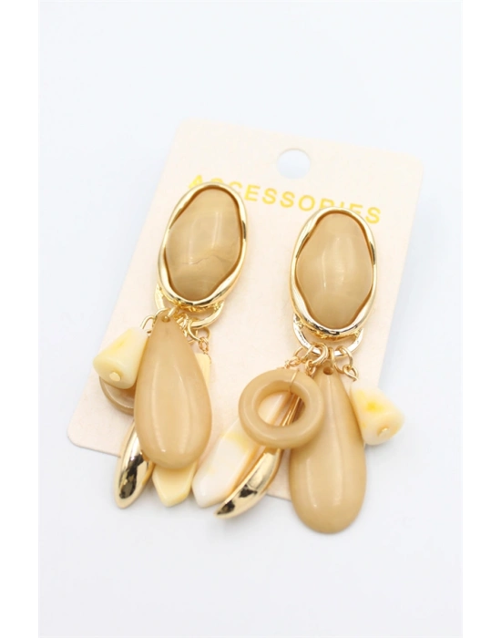 Taşlı Sallantılı Küpe - Açık Kahverengi