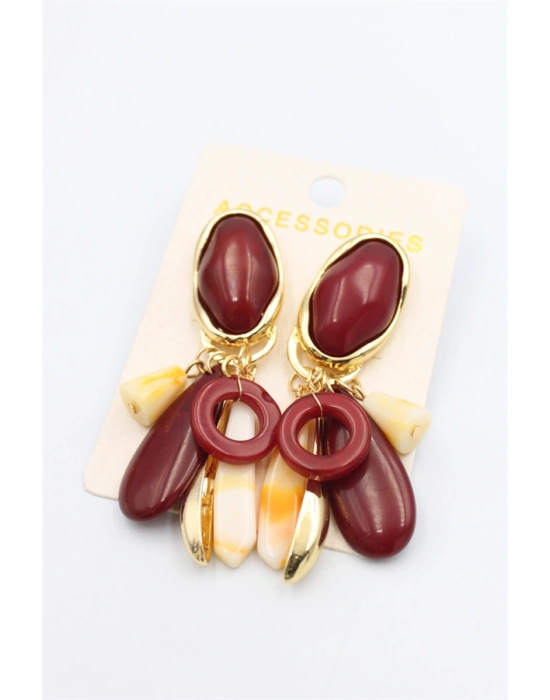 Taşlı Sallantılı Küpe - Bordo